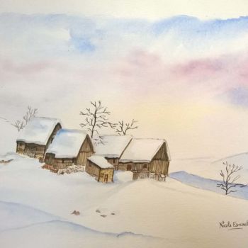 Pittura intitolato "village-de-montagne…" da Nicole Esnault, Opera d'arte originale