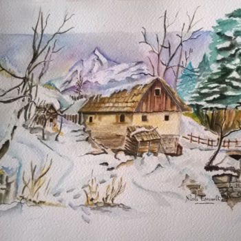 Pintura intitulada "premiere-neige-10-1…" por Nicole Esnault, Obras de arte originais, Aquarela