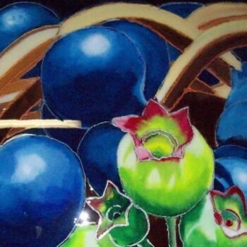 Painting titled "PANIER DE BLEUETS" by Nicole Hebert, Original Artwork, Oil