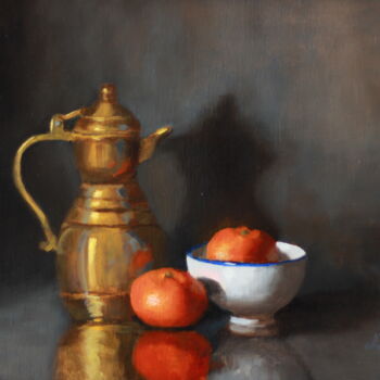 Peinture intitulée "Brass pot and cleme…" par Nicole Le Gall, Œuvre d'art originale, Huile