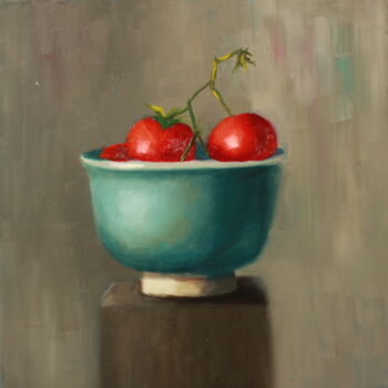 Peinture intitulée "Cherry Tomatoes" par Nicole Le Gall, Œuvre d'art originale, Huile Monté sur Panneau de bois