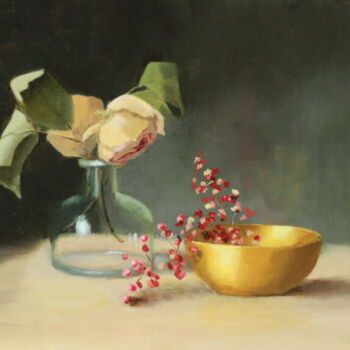 Malerei mit dem Titel "Dried Roses and Pin…" von Nicole Le Gall, Original-Kunstwerk, Öl Auf Holzplatte montiert