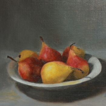 Painting titled "Pears in White Plate" by Nicole Le Gall, Original Artwork, Oil Mounted on Wood Panel