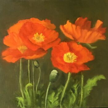 Painting titled "Red Poppies" by Nicole Le Gall, Original Artwork, Oil Mounted on Wood Panel