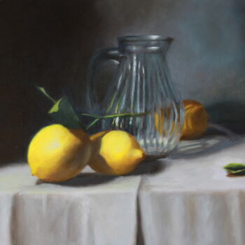 Malerei mit dem Titel "Lemons and Glass Jug" von Nicole Le Gall, Original-Kunstwerk, Öl
