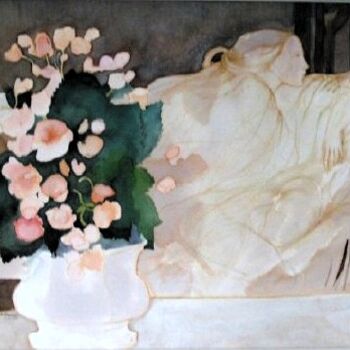 Malerei mit dem Titel "Femme au châle blanc" von Nicole Rousseau-Grolée, Original-Kunstwerk, Aquarell