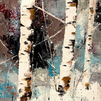 Painting titled "Winter Birches" by Nicole Simmons, Original Artwork, Acrylic