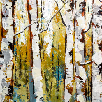 Painting titled "Yellow Birches" by Nicole Simmons, Original Artwork, Acrylic