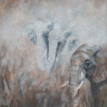 Картина под названием "Eléphants" - Nicole Serres, Подлинное произведение искусства, Масло