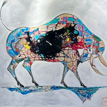 Schilderij getiteld "Bull Blau" door Nicoleta Albei-Wigger, Origineel Kunstwerk, Acryl Gemonteerd op Frame voor houten branc…