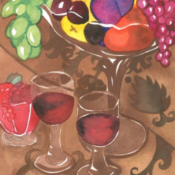 Painting titled "Red Wine and Fruits" by Niina Niskanen, Original Artwork, Watercolor