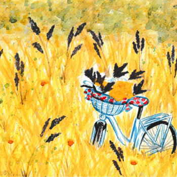 Painting titled "Bicycle in the field" by Niina Niskanen, Original Artwork, Watercolor