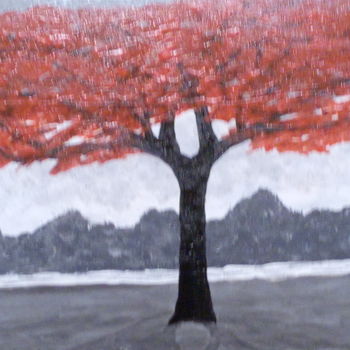 Painting titled "L'arbre rouge" by Nicole Jolivet, Original Artwork, Acrylic Mounted on Wood Stretcher frame