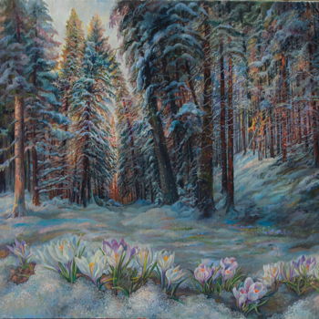Painting titled "Snowdrops" by Sergey Lesnikov, Original Artwork, Oil