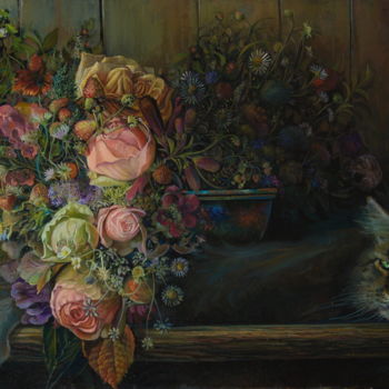 Painting titled "Flower still life" by Sergey Lesnikov, Original Artwork, Oil