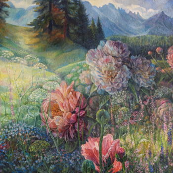 Malerei mit dem Titel "Wild peonies.jpg" von Sergey Lesnikov, Original-Kunstwerk, Öl