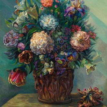 Painting titled "Flowers in a vase." by Sergey Lesnikov, Original Artwork, Oil
