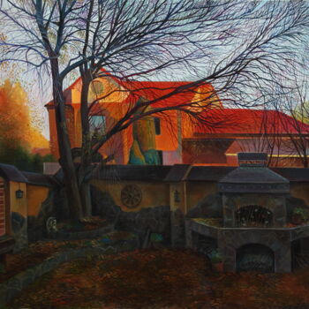 Painting titled "Autumn sunset" by Sergey Lesnikov, Original Artwork, Oil