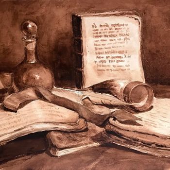 Painting titled "Books" by Nika Glushkova, Original Artwork, Watercolor