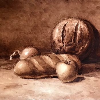 Painting titled "Bread" by Nika Glushkova, Original Artwork, Watercolor