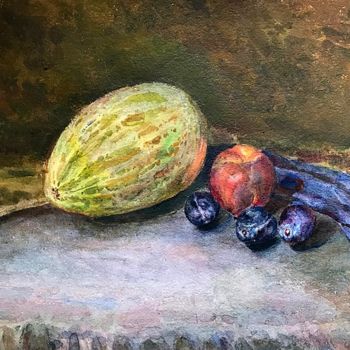 Malerei mit dem Titel "Melon with fruit" von Nika Glushkova, Original-Kunstwerk, Aquarell