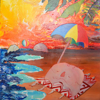 「Chuchki on the beach」というタイトルの絵画 Nika Glushkovaによって, オリジナルのアートワーク, アクリル ウッドストレッチャーフレームにマウント