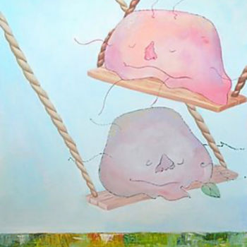 「Chuchki on the swing」というタイトルの絵画 Nika Glushkovaによって, オリジナルのアートワーク, アクリル ウッドストレッチャーフレームにマウント