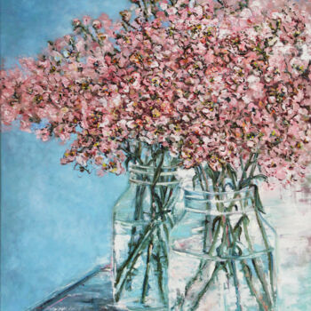 Ζωγραφική με τίτλο "Bouquet, pink flowe…" από Nika Mayer, Αυθεντικά έργα τέχνης, Λάδι Τοποθετήθηκε στο Ξύλινο φορείο σκελετό