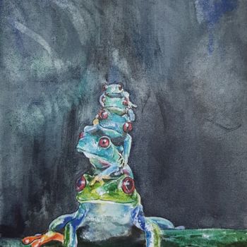 Peinture intitulée "The Frog Family" par Veronika Simakhina, Œuvre d'art originale, Aquarelle