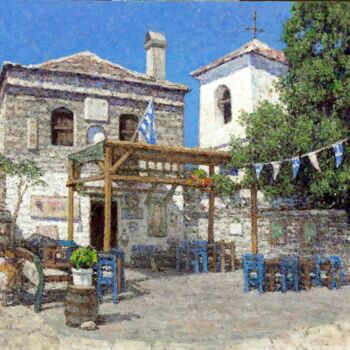 Ζωγραφική με τίτλο "Greek Tavern in Tha…" από Nikolo Balkanski, Αυθεντικά έργα τέχνης, Λάδι Τοποθετήθηκε στο Ξύλινο πάνελ