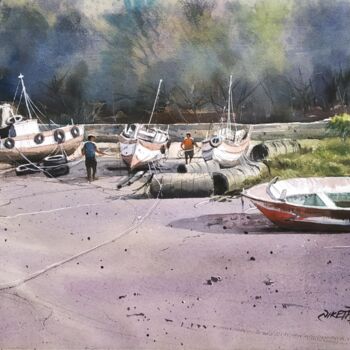 Malerei mit dem Titel "Fishing Boats" von Niketan Bhalerao, Original-Kunstwerk, Aquarell
