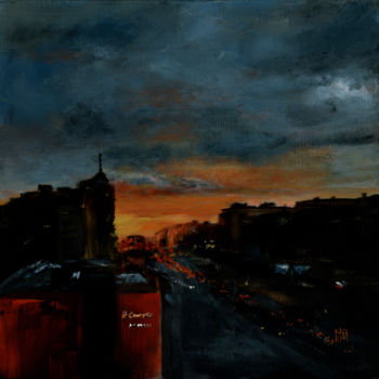 Pintura intitulada "Red sunset cityscap…" por Ekaterina Nikidis, Obras de arte originais, Acrílico