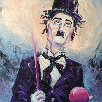 Painting titled ""Charlie Chaplin. Н…" by Nikita Chaikovskiy, Original Artwork, Acrylic Mounted on Wood Panel