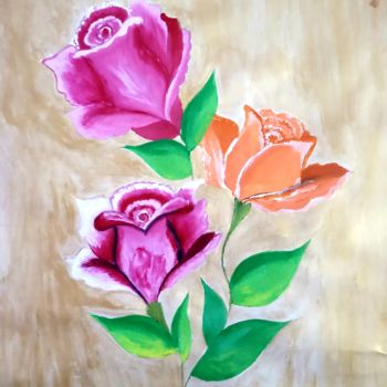 Картина под названием "Rose flowers on Gol…" - Nikita Nandakumar, Подлинное произведение искусства, Акрил