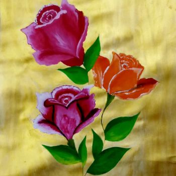 Painting titled "Rose flowers on Gol…" by Nikita Nandakumar, Original Artwork, Acrylic