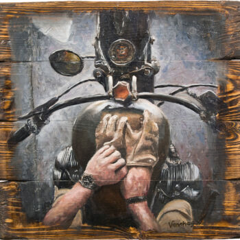 Ζωγραφική με τίτλο "Biker's View Garage…" από Nikita Van Chagov, Αυθεντικά έργα τέχνης, Λάδι