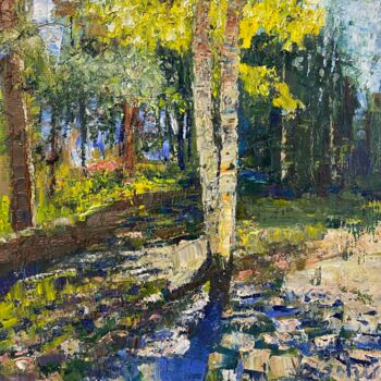 Painting titled "Two birches" by Nikita Voloshin, Original Artwork, Oil Mounted on Cardboard