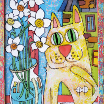 Malerei mit dem Titel "Cat and daffodils #3" von Nikita Ostapenco, Original-Kunstwerk, Acryl