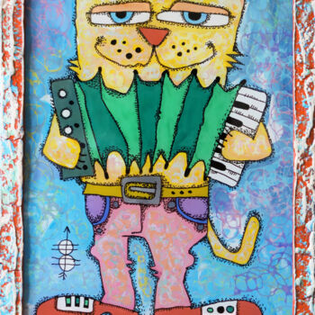 Painting titled "Сat with accordion…" by Nikita Ostapenco, Original Artwork, Acrylic