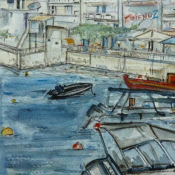 Pintura intitulada "Port d'Hermonissos" por Nikkos, Obras de arte originais