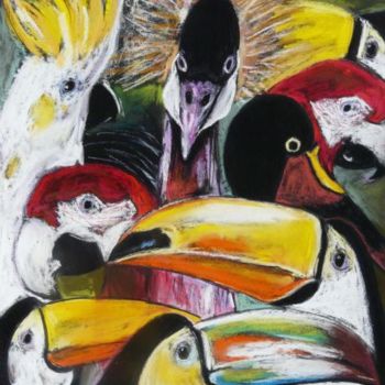 Pintura intitulada "tapis d'oiseaux amé…" por Nikkos, Obras de arte originais, Óleo