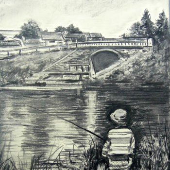Drawing titled "Pêche en solitaire…" by Nikkos, Original Artwork, Charcoal