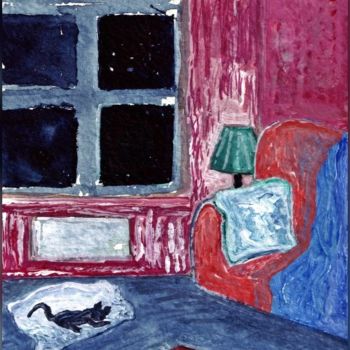 Painting titled "Interior with cat" by Niklas Nydahl, Original Artwork, Watercolor