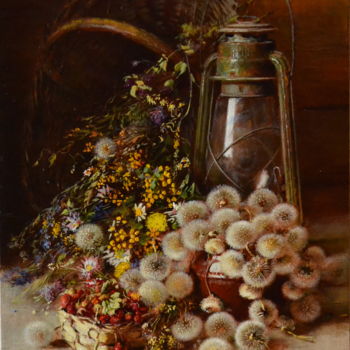 Painting titled ""Одуванчики и лампа…" by Iurii Viktorovich Nikolaev, Original Artwork, Oil