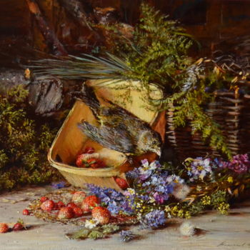Pittura intitolato "Натюрморт с птичкой." da Iurii Viktorovich Nikolaev, Opera d'arte originale