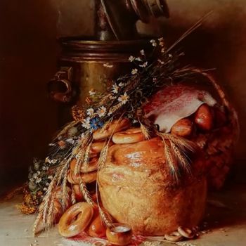 Pittura intitolato "Натюрморт с хлебом…" da Iurii Viktorovich Nikolaev, Opera d'arte originale, Olio