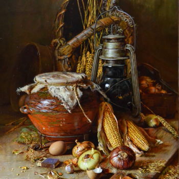 Картина под названием "Натюрморт с кукуруз…" - Юрий Викторович Николаев, Подлинное произведение искусства, Масло
