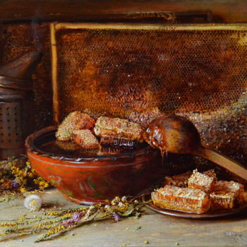 Картина под названием "Натюрморт с медом" - Юрий Викторович Николаев, Подлинное произведение искусства, Масло