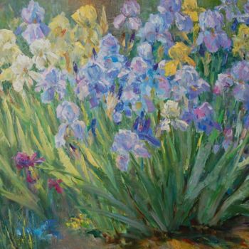 Картина под названием "Flowers irises" - Nikolai Chebotaru, Подлинное произведение искусства, Масло