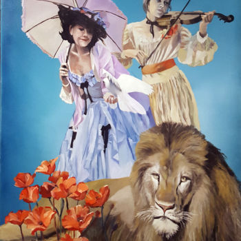 Schilderij getiteld "Walk with a lion" door Nikolai Taidakov, Origineel Kunstwerk, Olie